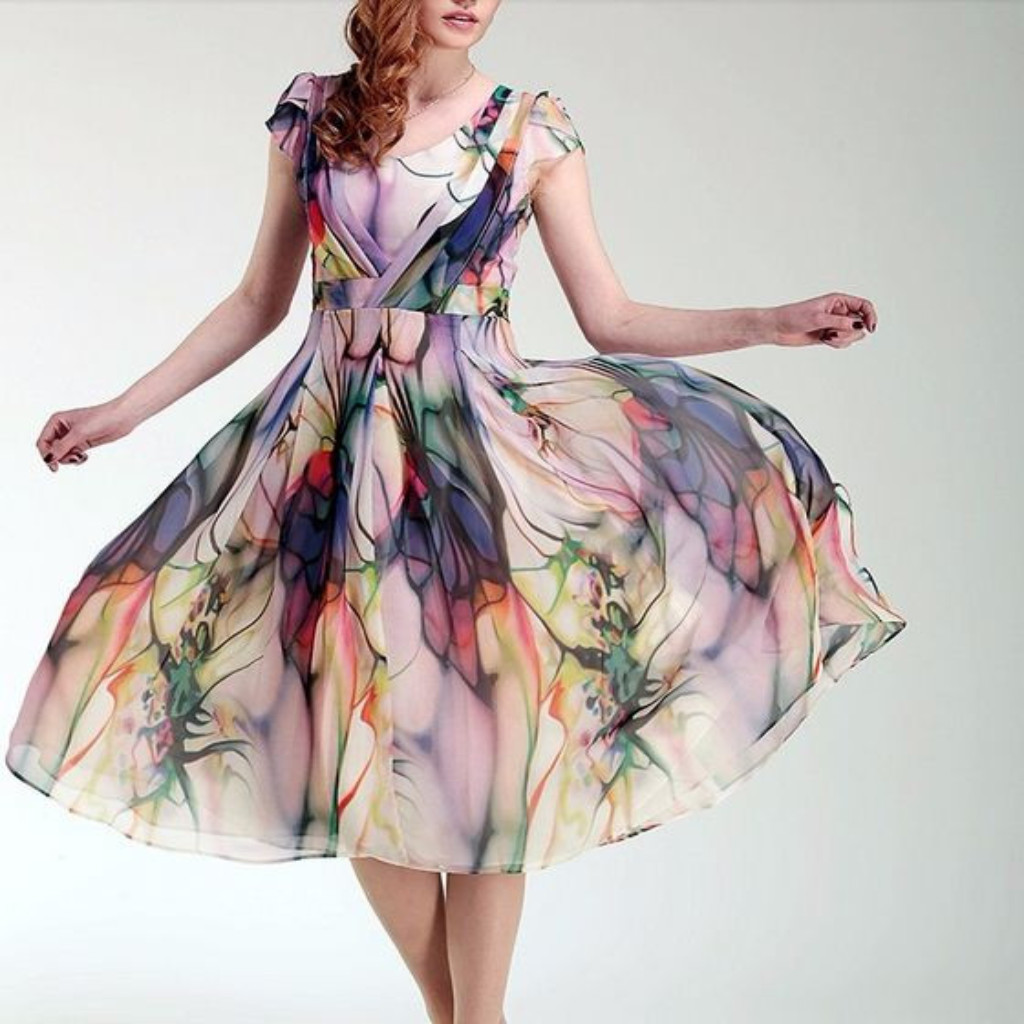 Lavender Summer Printed Chiffon Maxi Dress