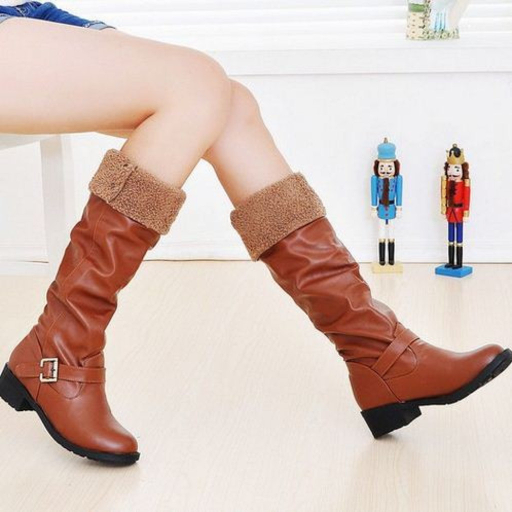 faux leather flat knee high boots