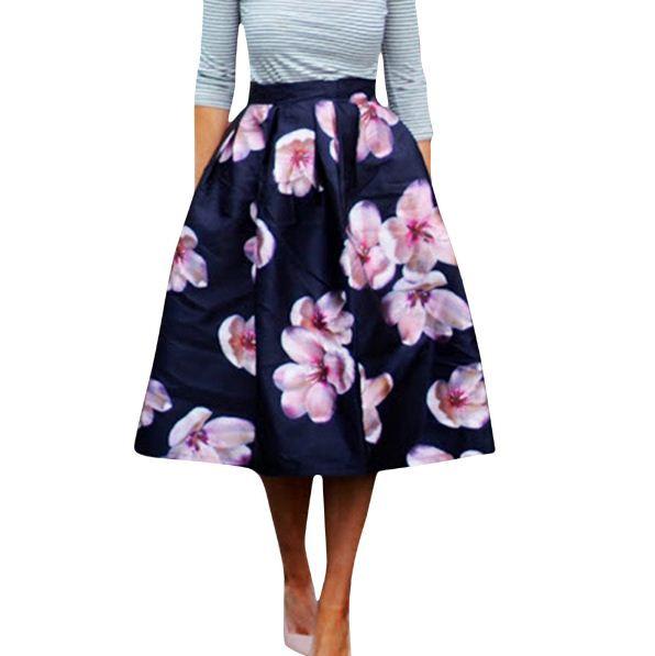 Women Fashion Basic Pink High Waist A-Line Knee-Length Midi Skirt